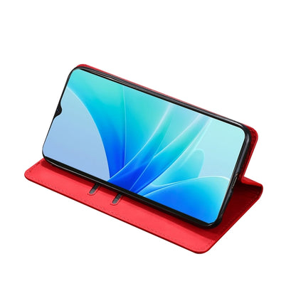 Red leather phone flip case with stand position, screen facing outward