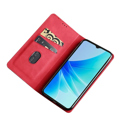 Red leather wallet-style phone flip case with card slot and camera window