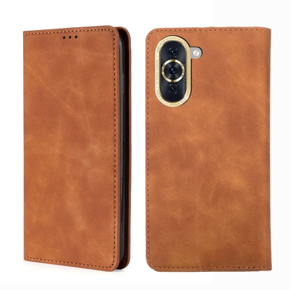 Light brown leather phone flip case with magnetic closure and camera cutout