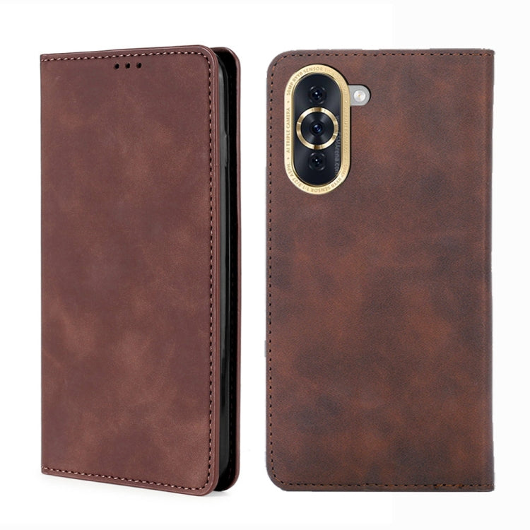 Dark brown leather phone flip case with magnetic closure and camera cutout