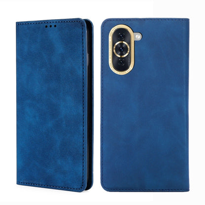 Blue leather phone flip case with magnetic closure and camera cutout