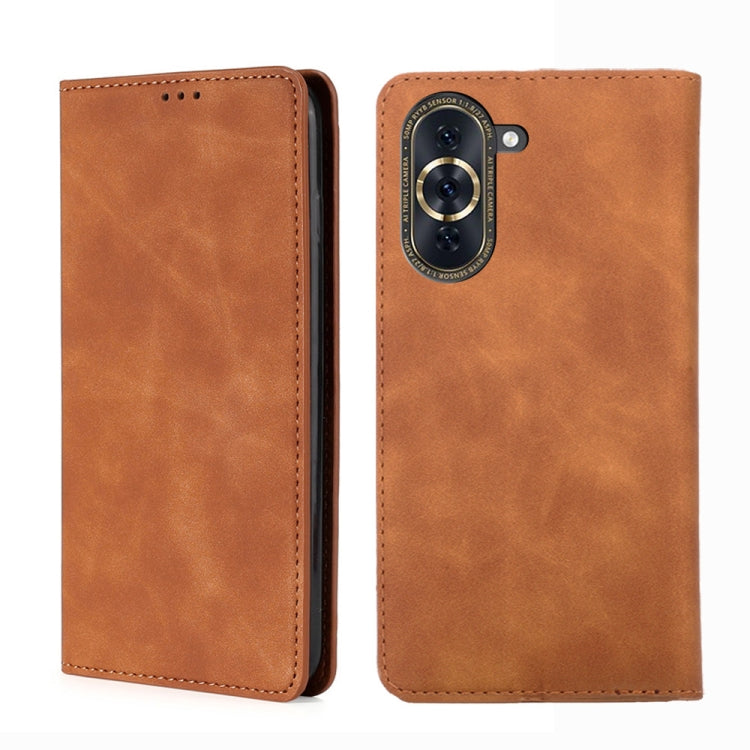 Light brown magnetic flip leather phone case with stitched edge and camera cutout