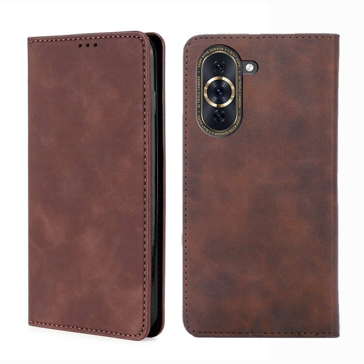 Dark brown magnetic flip leather phone case with stitched edge and camera cutout