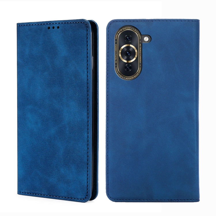 Blue magnetic flip leather phone case with stitched edge and camera cutout