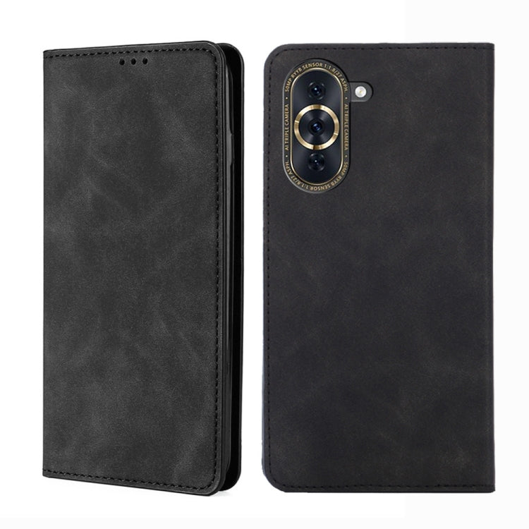 Black magnetic flip leather phone case with stitched edge and camera cutout