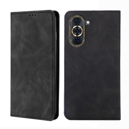 Black magnetic flip leather phone case with stitched edge and camera cutout