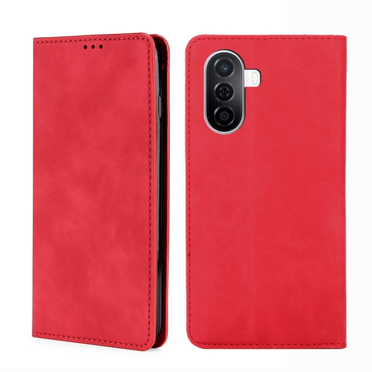 Red magnetic flip leather phone case with stitched edge and camera cutout