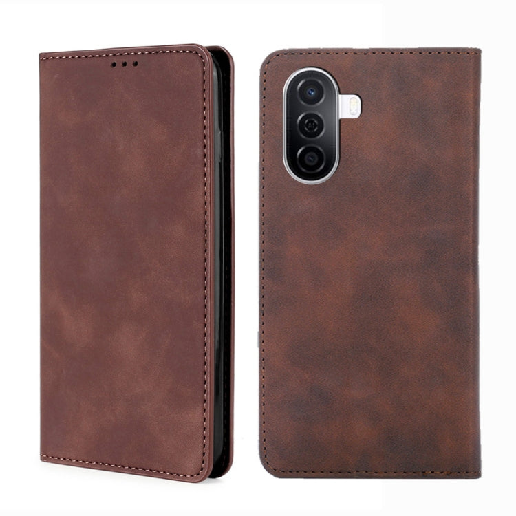 Dark brown magnetic flip leather phone case showing camera and lens cutouts