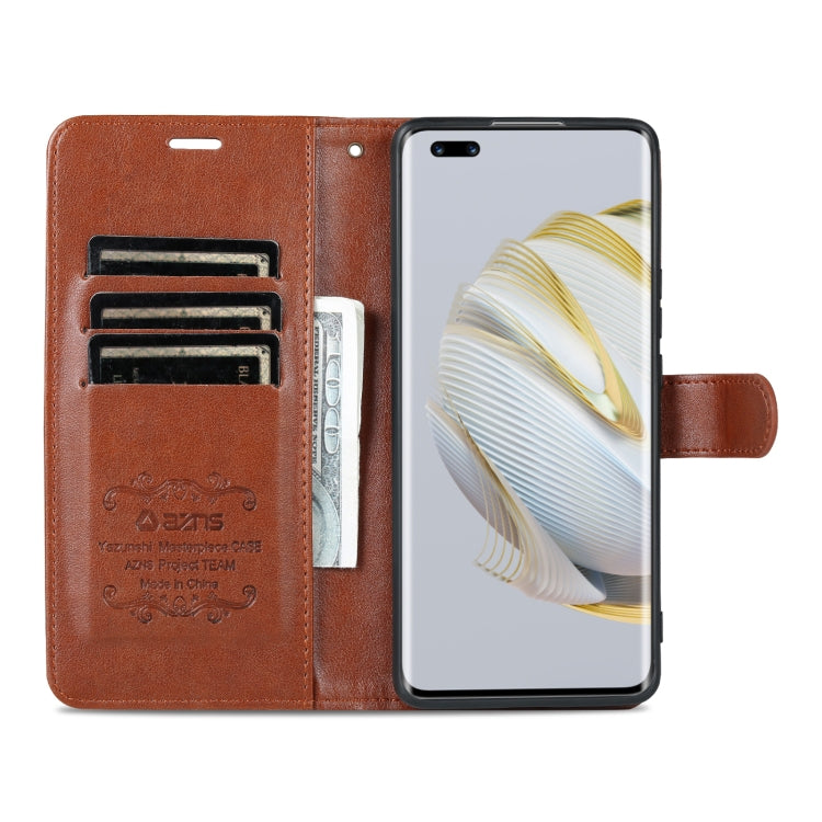 Brown flip leather phone case opened to card slots and inner pockets