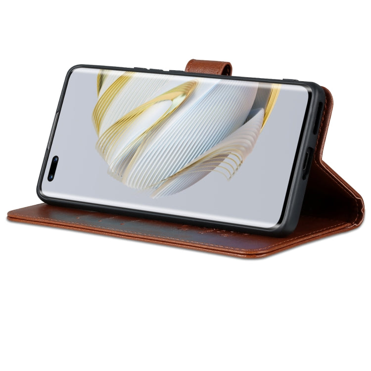 Brown flip leather phone case folded into an angled viewing stand