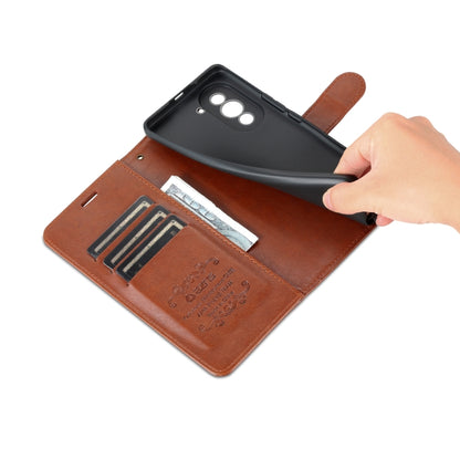 Brown flip leather phone case interior with card slots and clear TPU window