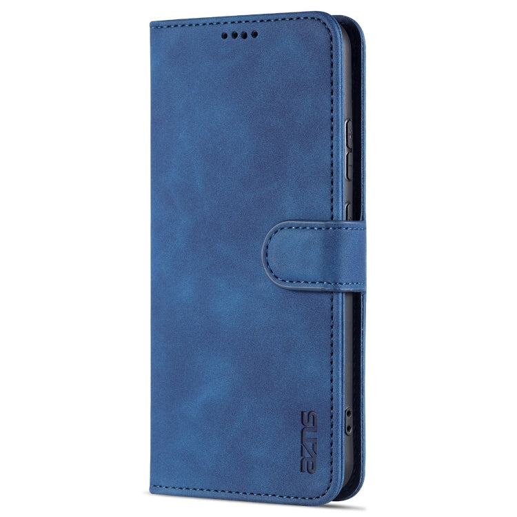 Blue flip leather phone case with side button cutout and front flap pocket
