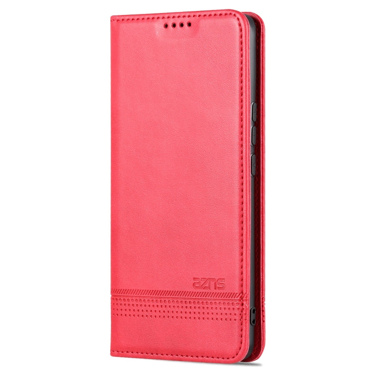 Red magnetic flip phone case with textured leather look and stitching details.