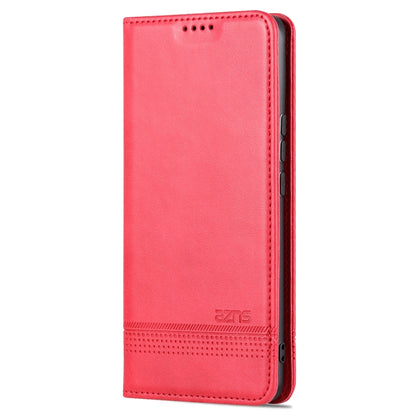 Red magnetic flip phone case with textured leather look and stitching details.