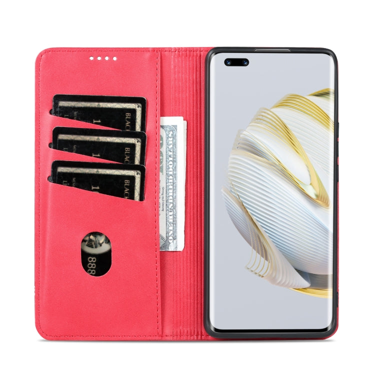 Red magnetic wallet-style phone case with card slots and cash pocket.