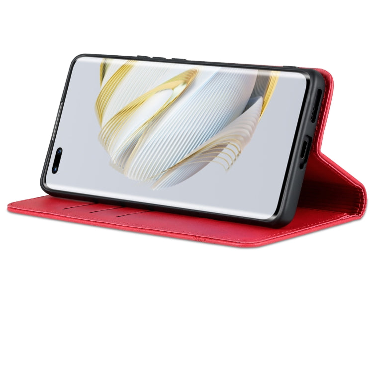 Red flip phone case folded into stand for viewing, with camera cutout.