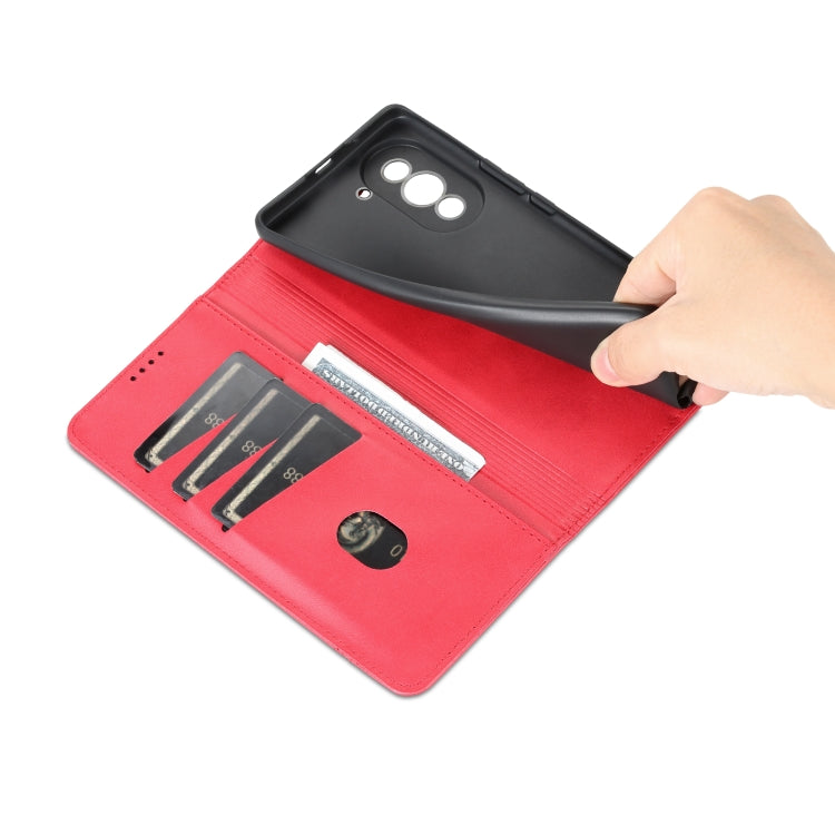 Red magnetic wallet phone case with card holder compartments and camera area.