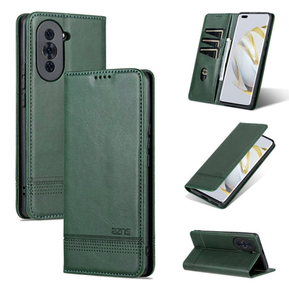 Magnetic flip leather phone case in dark green with card slots and stand view.