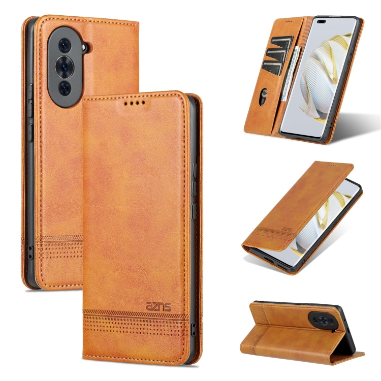 Magnetic flip leather phone case in light brown with card slots and stand view.