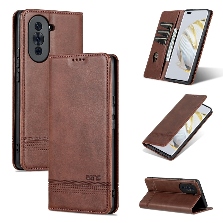 Dark brown magnetic flip leather phone case with card slot and kickstand view