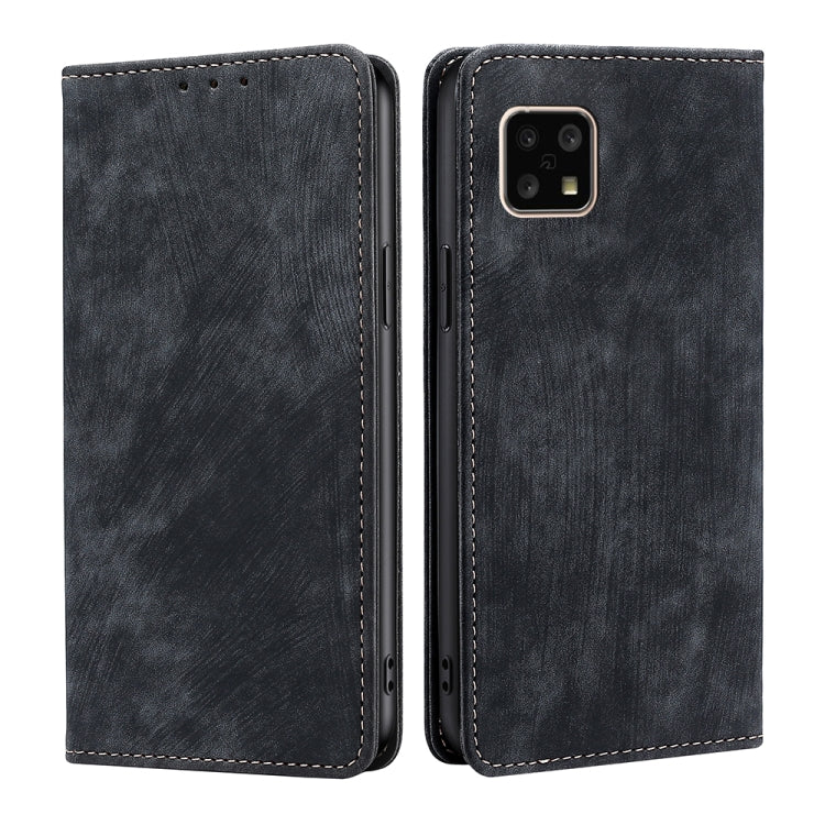 RFID magnetic phone wallet case in dark gray faux leather, dual view with stitching.