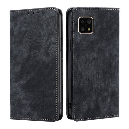 RFID magnetic phone wallet case in dark gray faux leather, dual view with stitching.