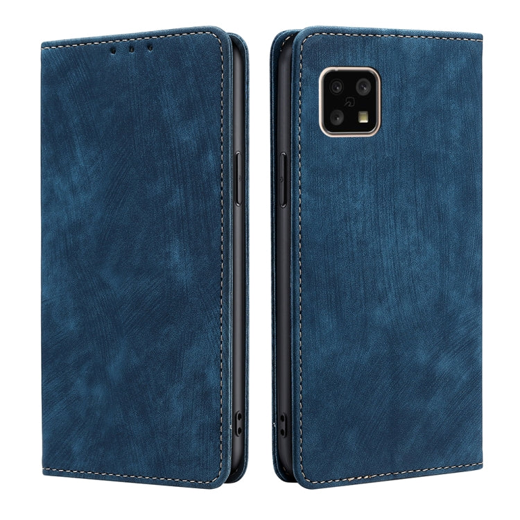 RFID magnetic phone wallet case in blue faux leather, dual view with stitched edges.