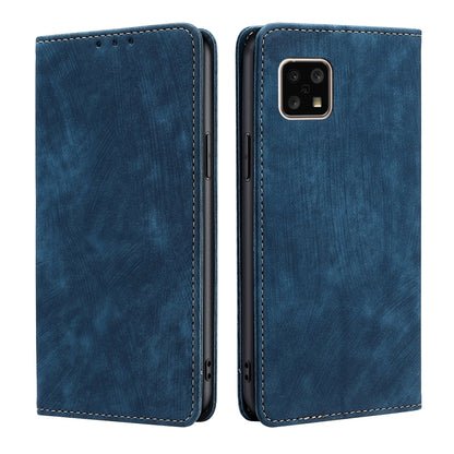 RFID magnetic phone wallet case in blue faux leather, dual view with stitched edges.