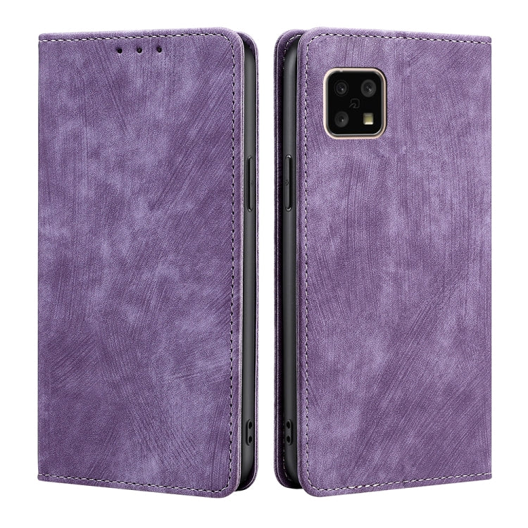 RFID magnetic phone wallet case in purple faux leather, dual view with stitched trim.