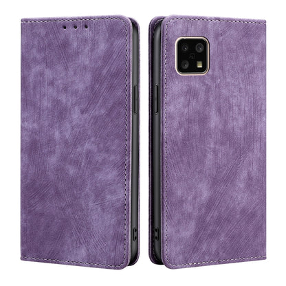 RFID magnetic phone wallet case in purple faux leather, dual view with stitched trim.