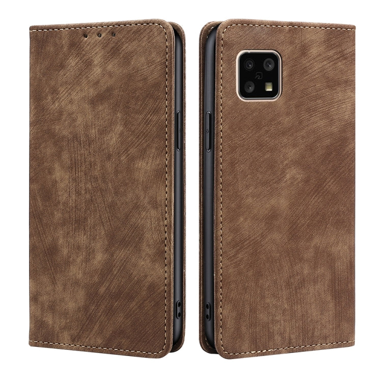 RFID magnetic phone wallet case in brown faux leather, dual view with front camera cutout.
