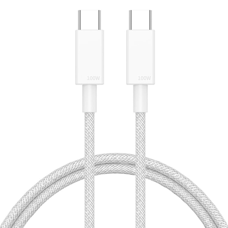 White braided USB-C to USB-C cable with 100W connectors and coiled cord