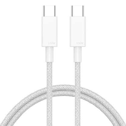White braided USB-C to USB-C cable with 100W connectors and coiled cord