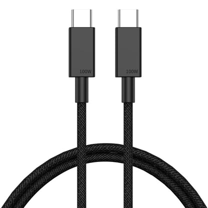Black braided USB-C to USB-C cable with 100W connectors and coiled cord