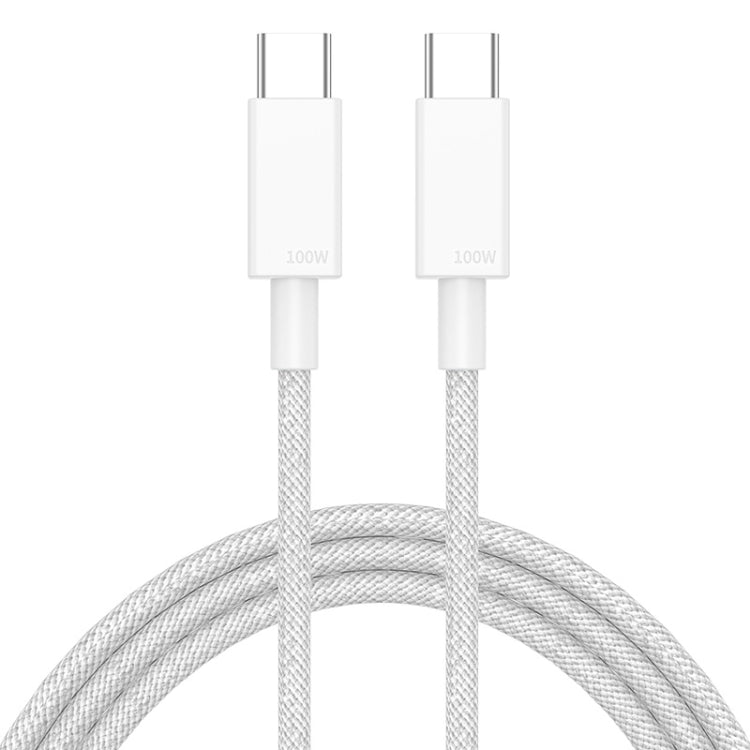 White braided USB-C to USB-C charging cable with 100W tips and braided length