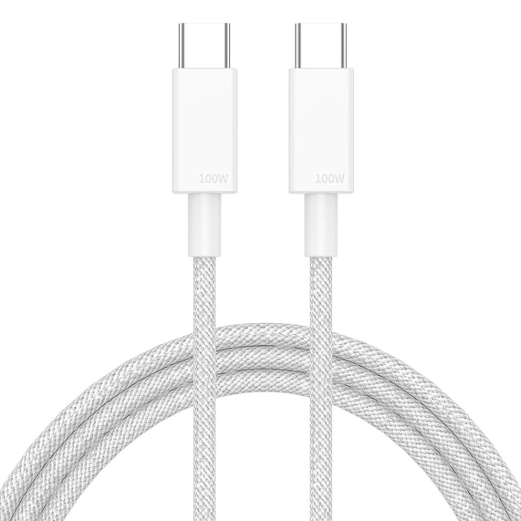 White braided USB-C to USB-C charging cable, 100W connectors shown above cord