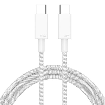 White braided USB-C to USB-C charging cable, 100W connectors shown above cord