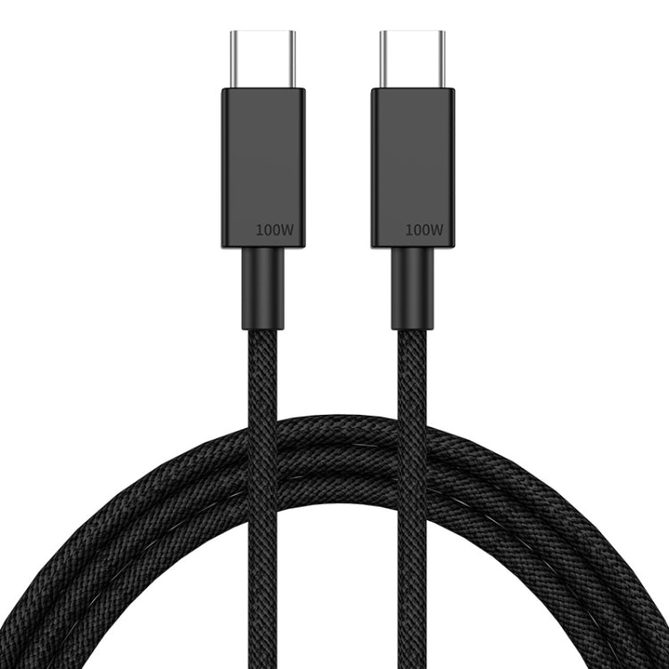 Black braided USB-C to USB-C charging cable, 100W connectors shown above cord