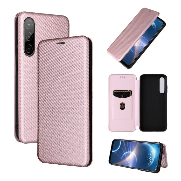 Pink magnetic flip phone case with carbon-fiber texture and folio-style cover