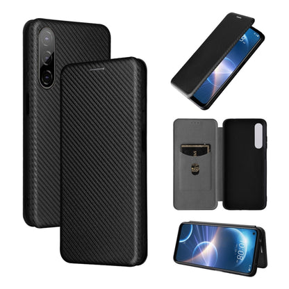 Black magnetic flip phone case with carbon-fiber texture and card-slot cover