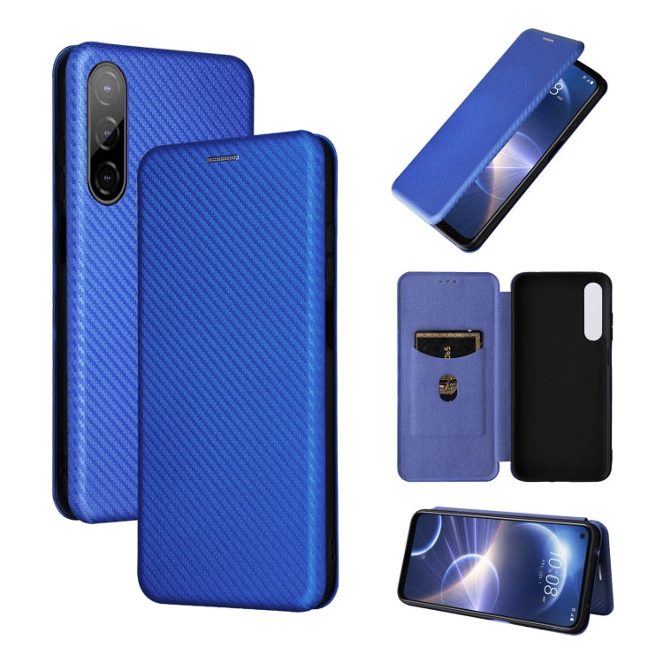 Blue magnetic flip phone case with carbon-fiber texture and folio cover