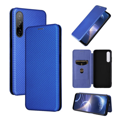 Blue magnetic flip phone case with carbon-fiber texture and folio cover