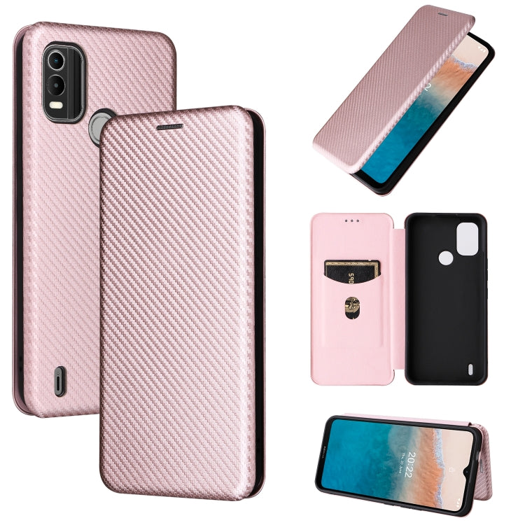 Pink magnetic flip leather phone case with carbon-fiber texture and camera cutouts