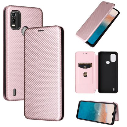 Pink magnetic flip leather phone case with carbon-fiber texture and camera cutouts