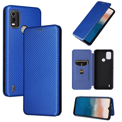 Blue magnetic flip leather phone case with carbon-fiber texture and camera cutouts