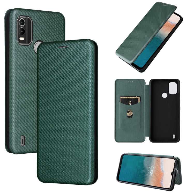 Green magnetic flip leather phone case with carbon-fiber texture and camera cutouts