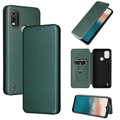Green magnetic flip leather phone case with carbon-fiber texture and camera cutouts