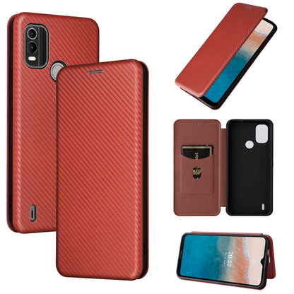 Brown magnetic flip leather phone case with carbon-fiber texture and camera cutouts