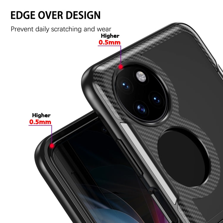 Black carbon-fiber TPU phone case with raised camera edge and textured back for P50 Pocket