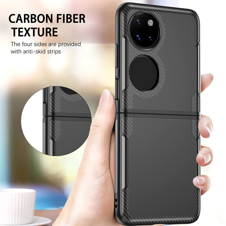 Black carbon-fiber TPU phone case with textured grips and dual camera cutouts, held in hand